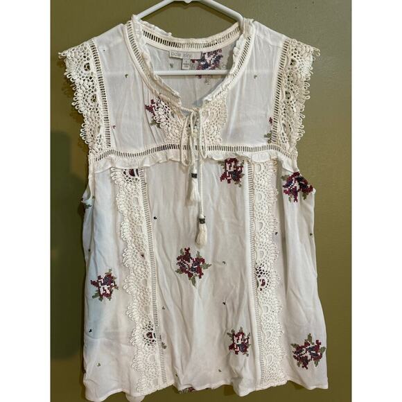 Pale sky boho embroidered floral sleeveless blouse womens L - Picture 1 of 7